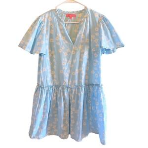 Simply Southern Dress Medium Daisy Floral Light Blue Flutter Sleeve Scalloped